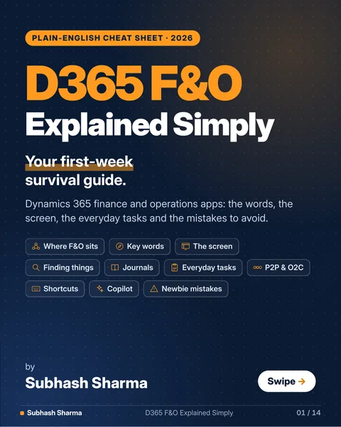 Cover of the D365 F&O Explained Simply cheat sheet by Subhash Sharma